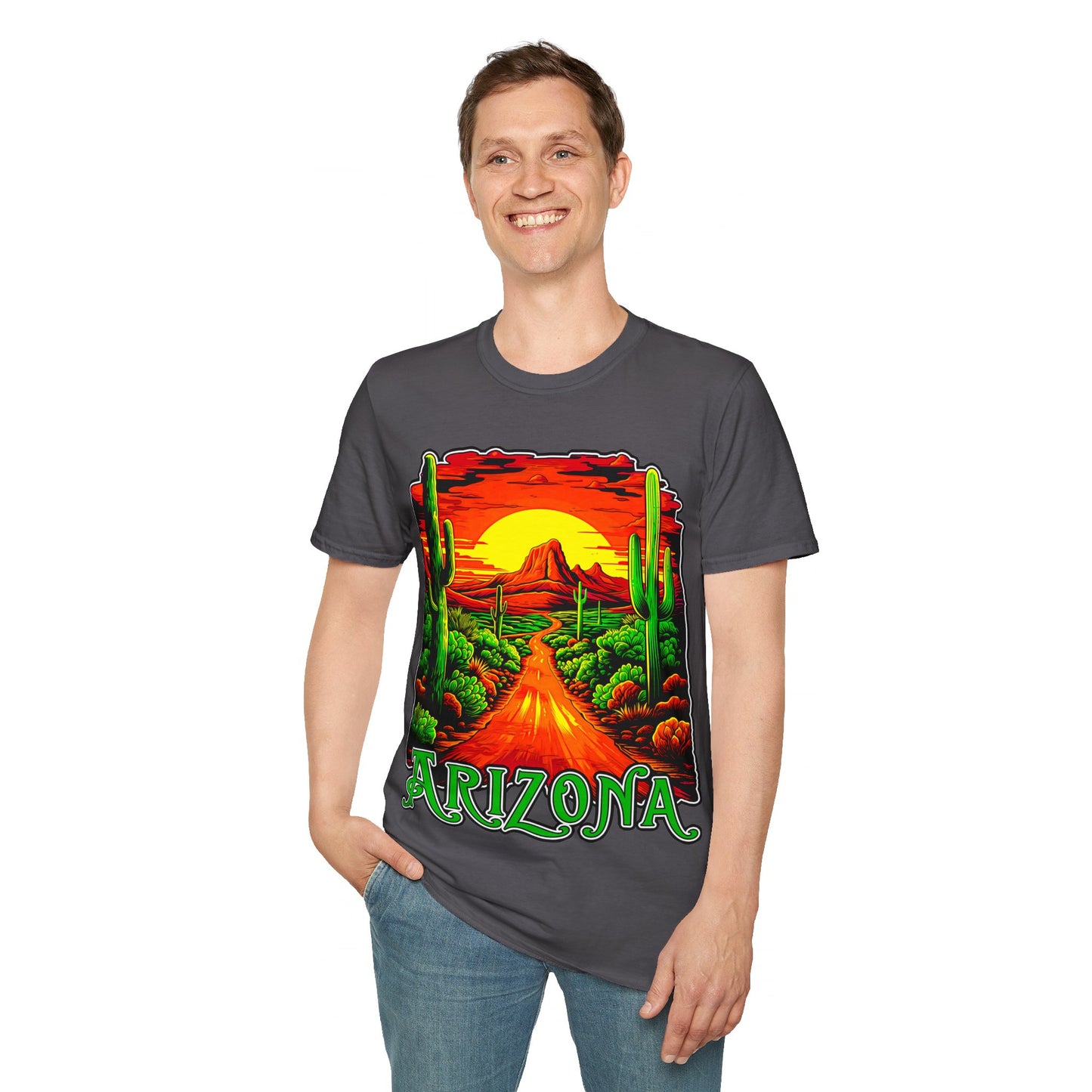 "Red Rock Road - Somewhere, Arizona" Unisex Softstyle T-Shirt from Adobe Dregs Coffee Stash™