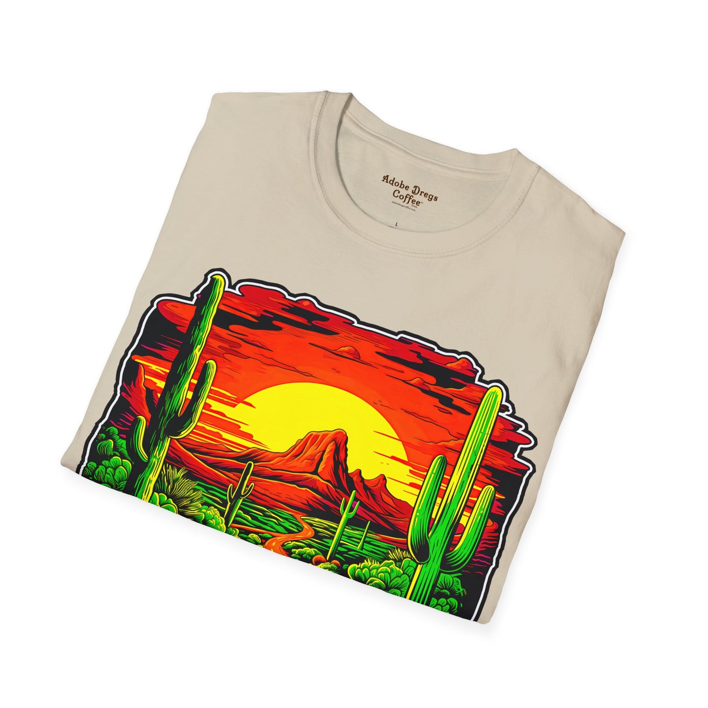 "Red Rock Road - Somewhere, Arizona" Unisex Softstyle T-Shirt from Adobe Dregs Coffee Stash™