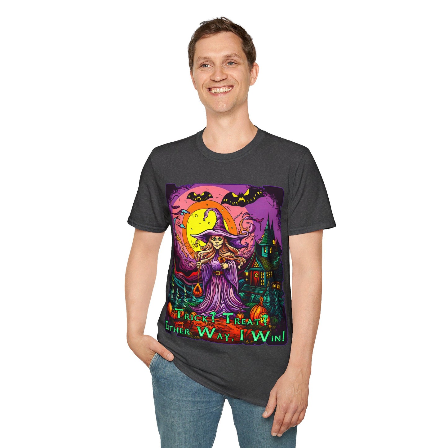 "Trick? Treat? Either Way, I Win!" Unisex Softstyle T-Shirt from Adobe Dregs Coffee Stash™