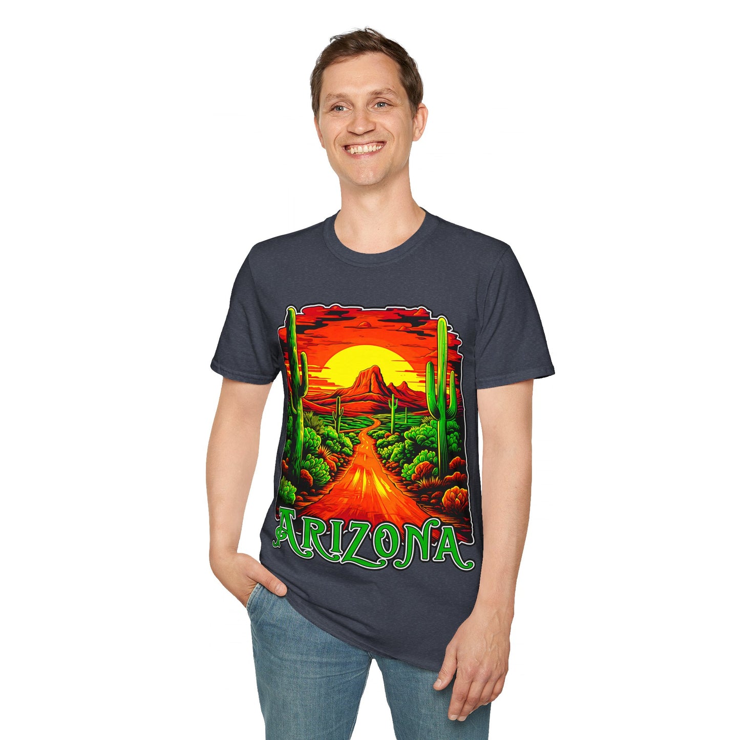 "Red Rock Road - Somewhere, Arizona" Unisex Softstyle T-Shirt from Adobe Dregs Coffee Stash™