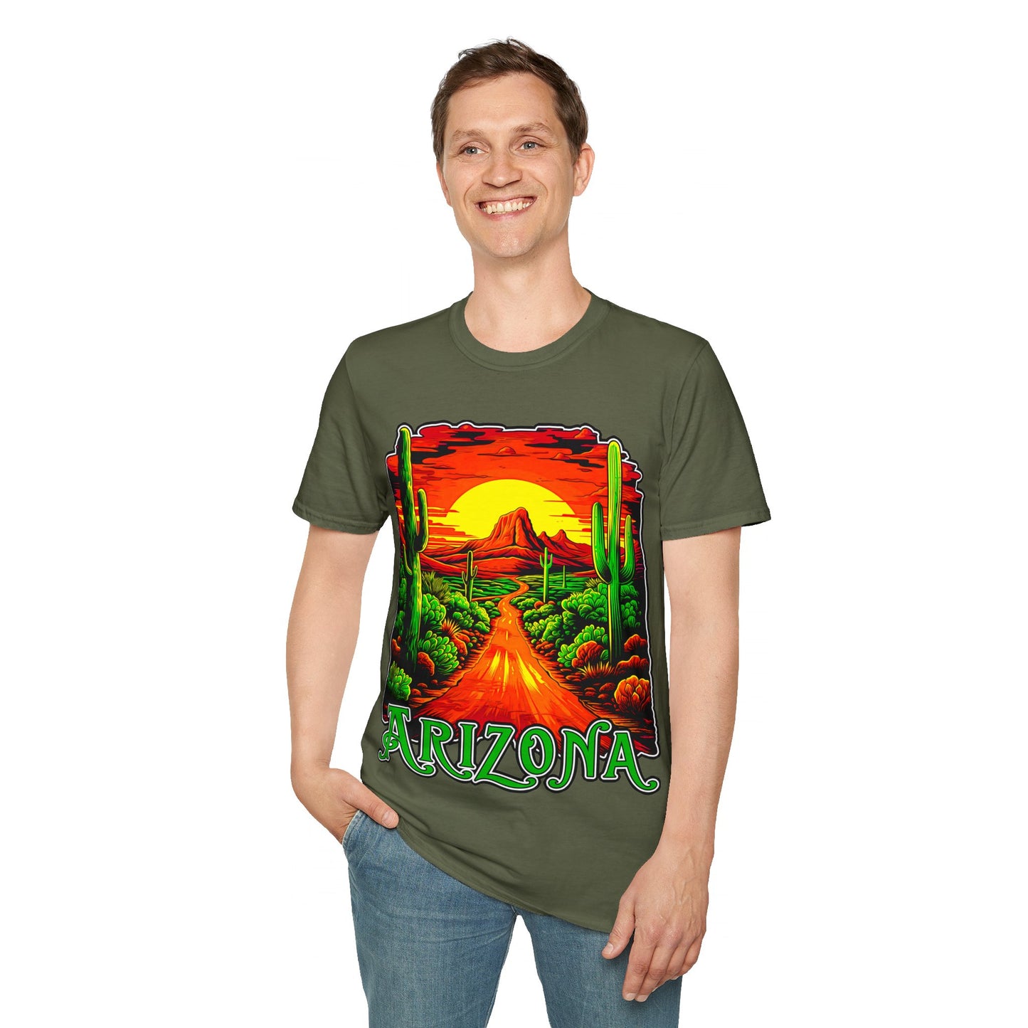 "Red Rock Road - Somewhere, Arizona" Unisex Softstyle T-Shirt from Adobe Dregs Coffee Stash™