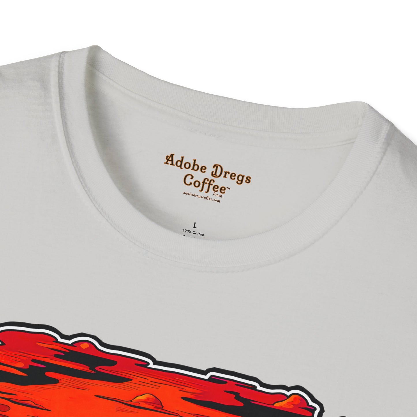 "Red Rock Road - Somewhere, Arizona" Unisex Softstyle T-Shirt from Adobe Dregs Coffee Stash™