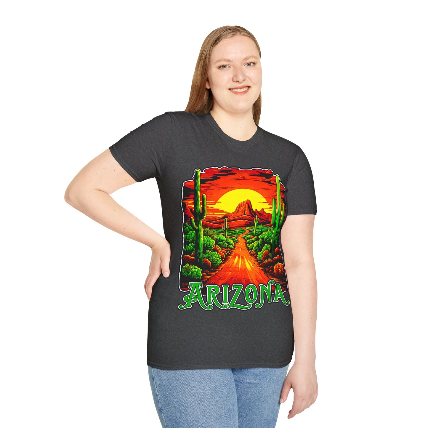 "Red Rock Road - Somewhere, Arizona" Unisex Softstyle T-Shirt from Adobe Dregs Coffee Stash™