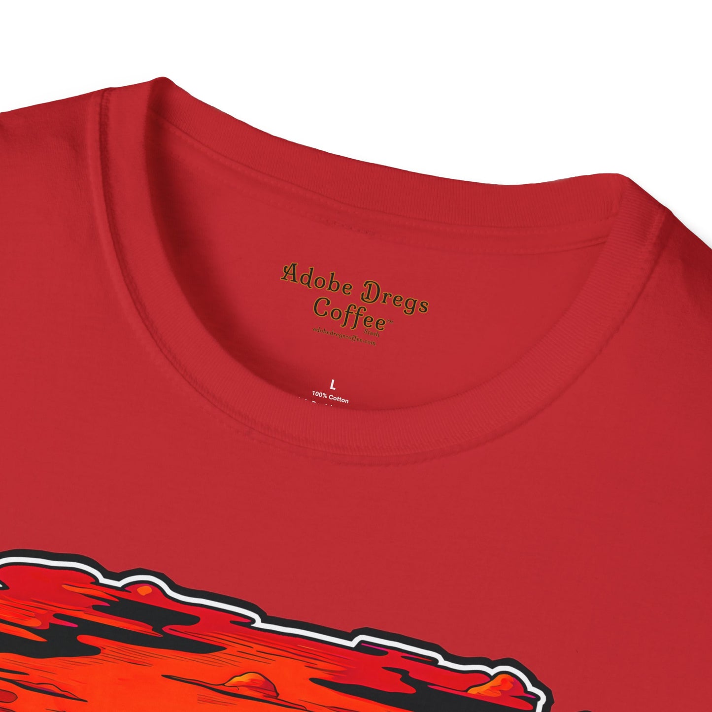 "Red Rock Road - Somewhere, Arizona" Unisex Softstyle T-Shirt from Adobe Dregs Coffee Stash™