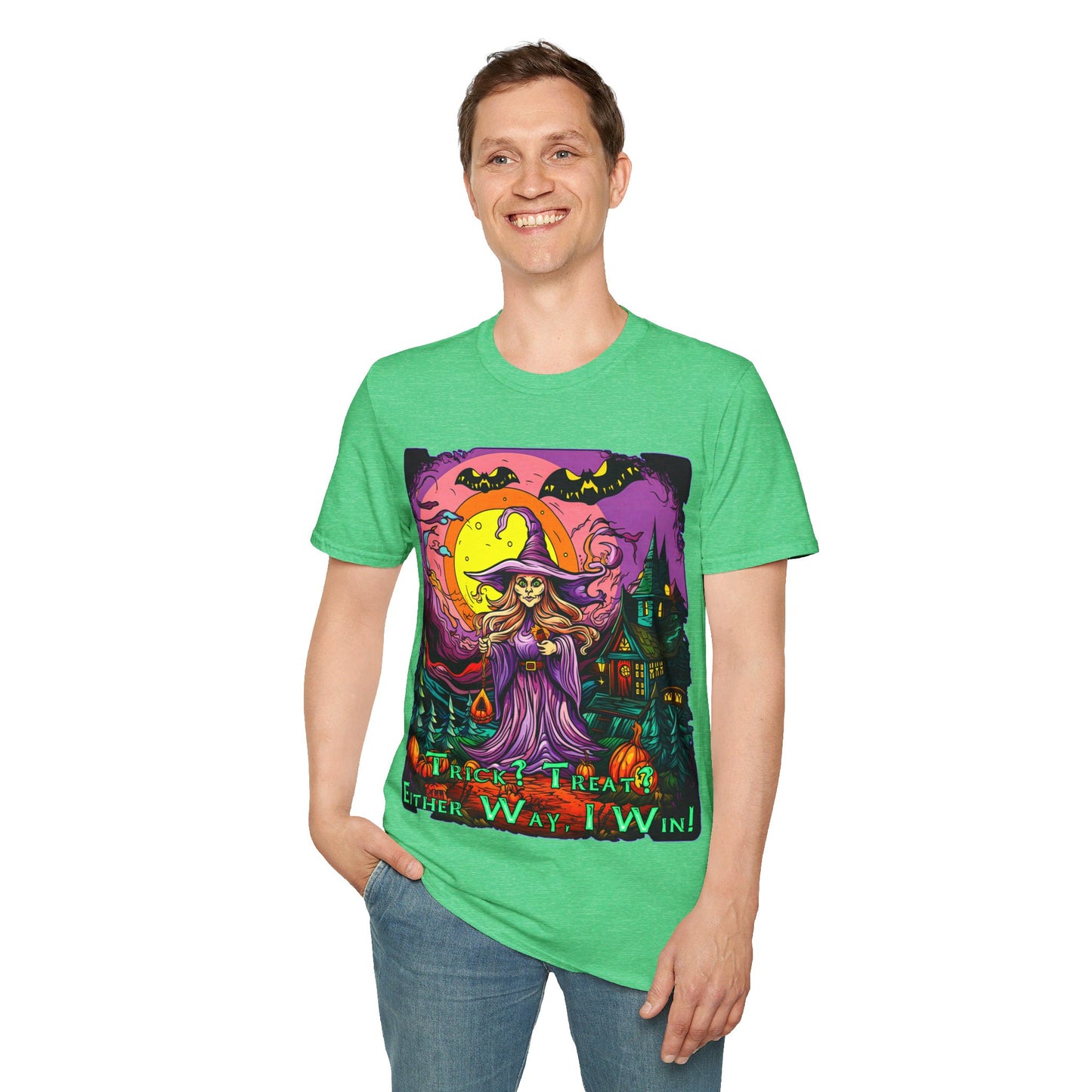 "Trick? Treat? Either Way, I Win!" Unisex Softstyle T-Shirt from Adobe Dregs Coffee Stash™