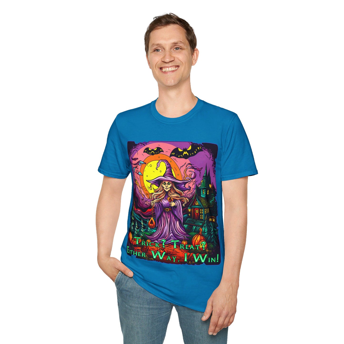 "Trick? Treat? Either Way, I Win!" Unisex Softstyle T-Shirt from Adobe Dregs Coffee Stash™