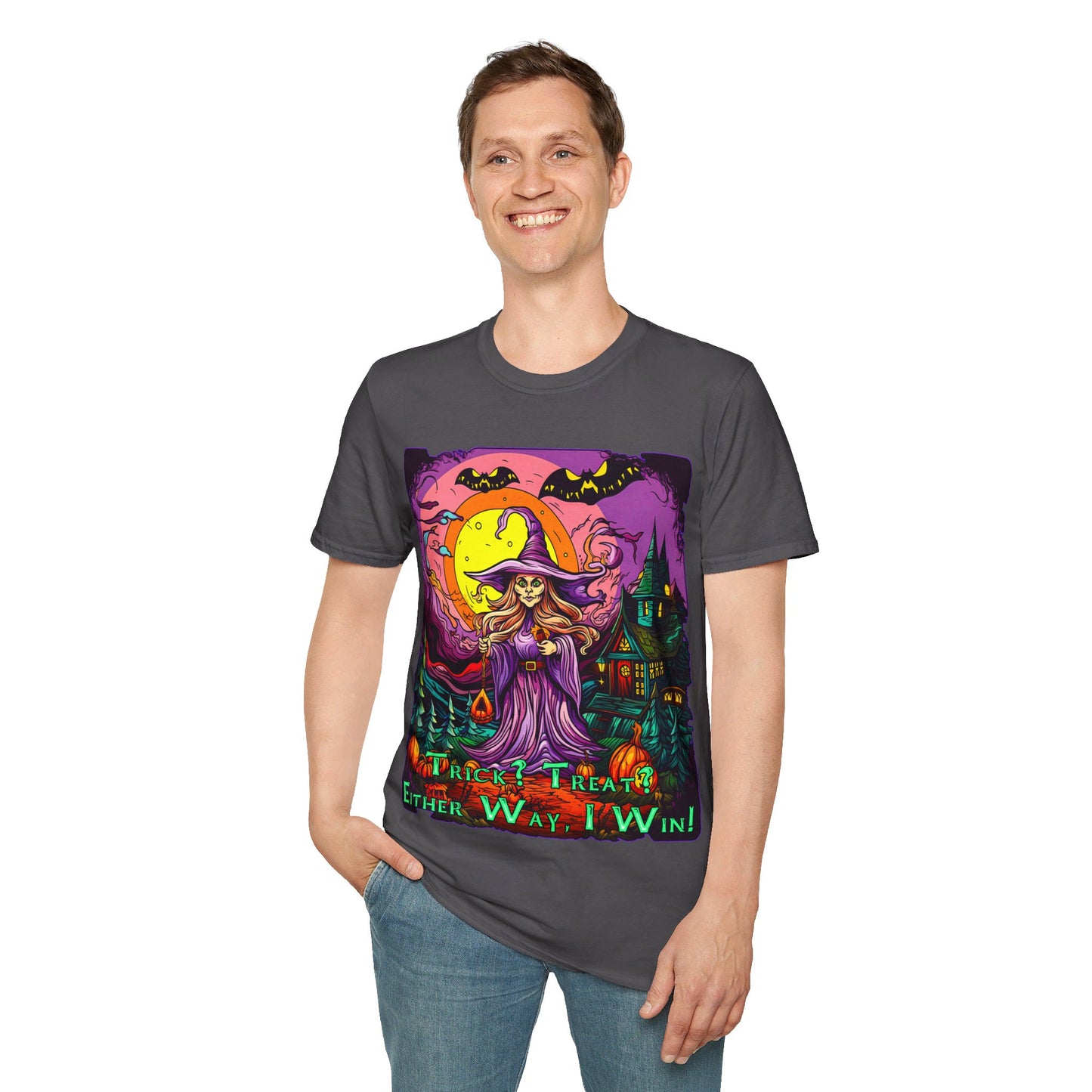 "Trick? Treat? Either Way, I Win!" Unisex Softstyle T-Shirt from Adobe Dregs Coffee Stash™