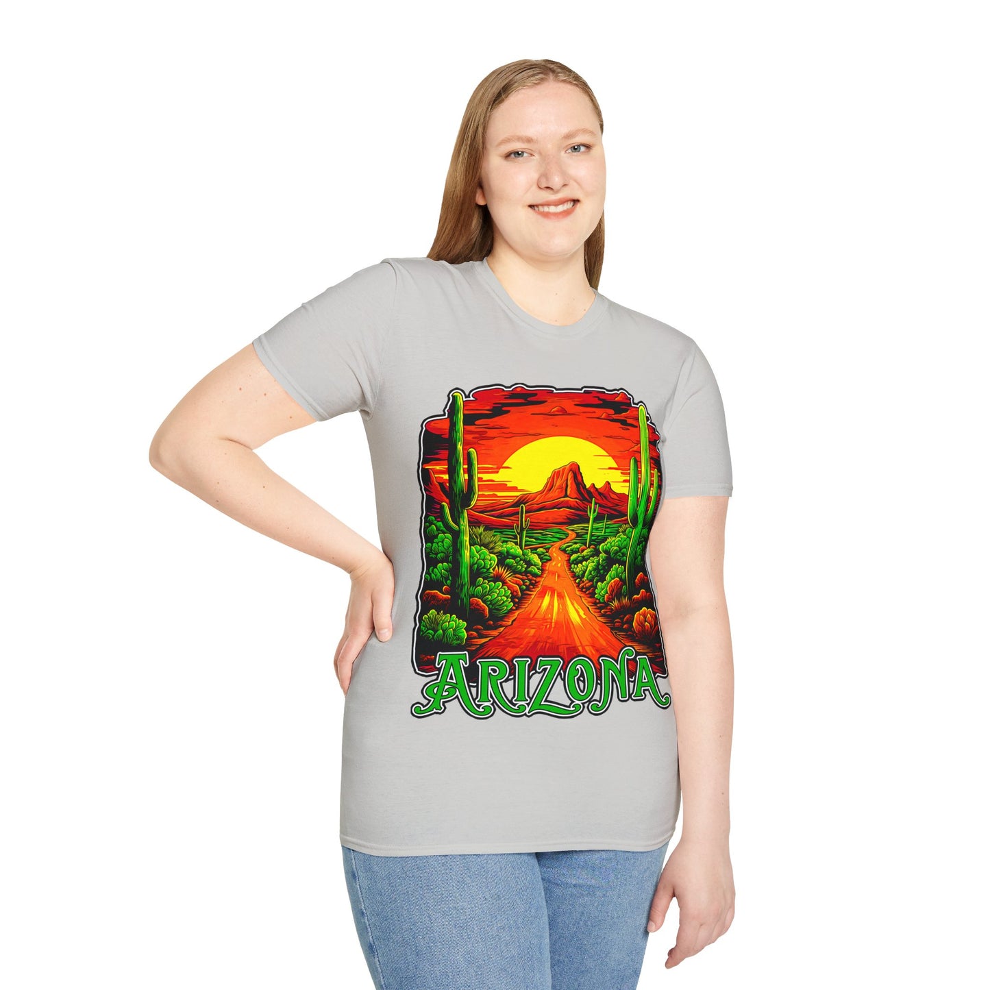 "Red Rock Road - Somewhere, Arizona" Unisex Softstyle T-Shirt from Adobe Dregs Coffee Stash™