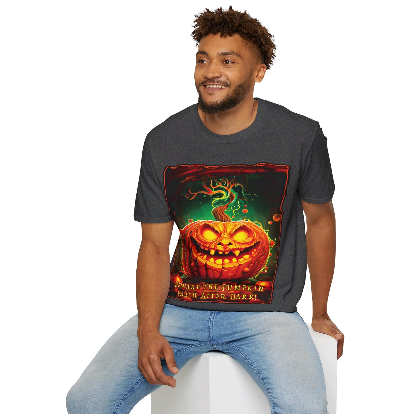 "Beware the Pumpkin Patch..." Unisex Softstyle T-Shirt from Adobe Dregs Coffee Stash™