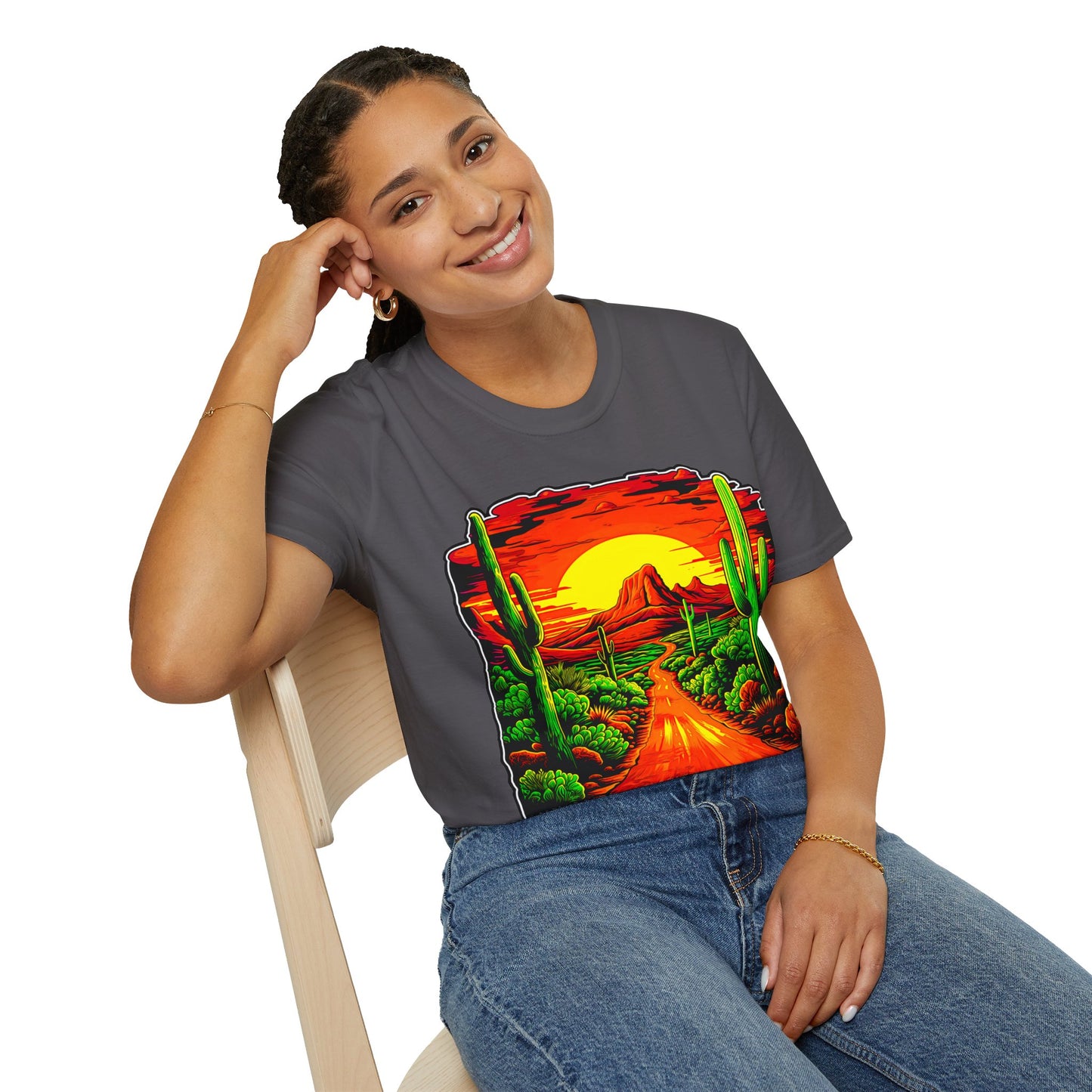 "Red Rock Road - Somewhere, Arizona" Unisex Softstyle T-Shirt from Adobe Dregs Coffee Stash™