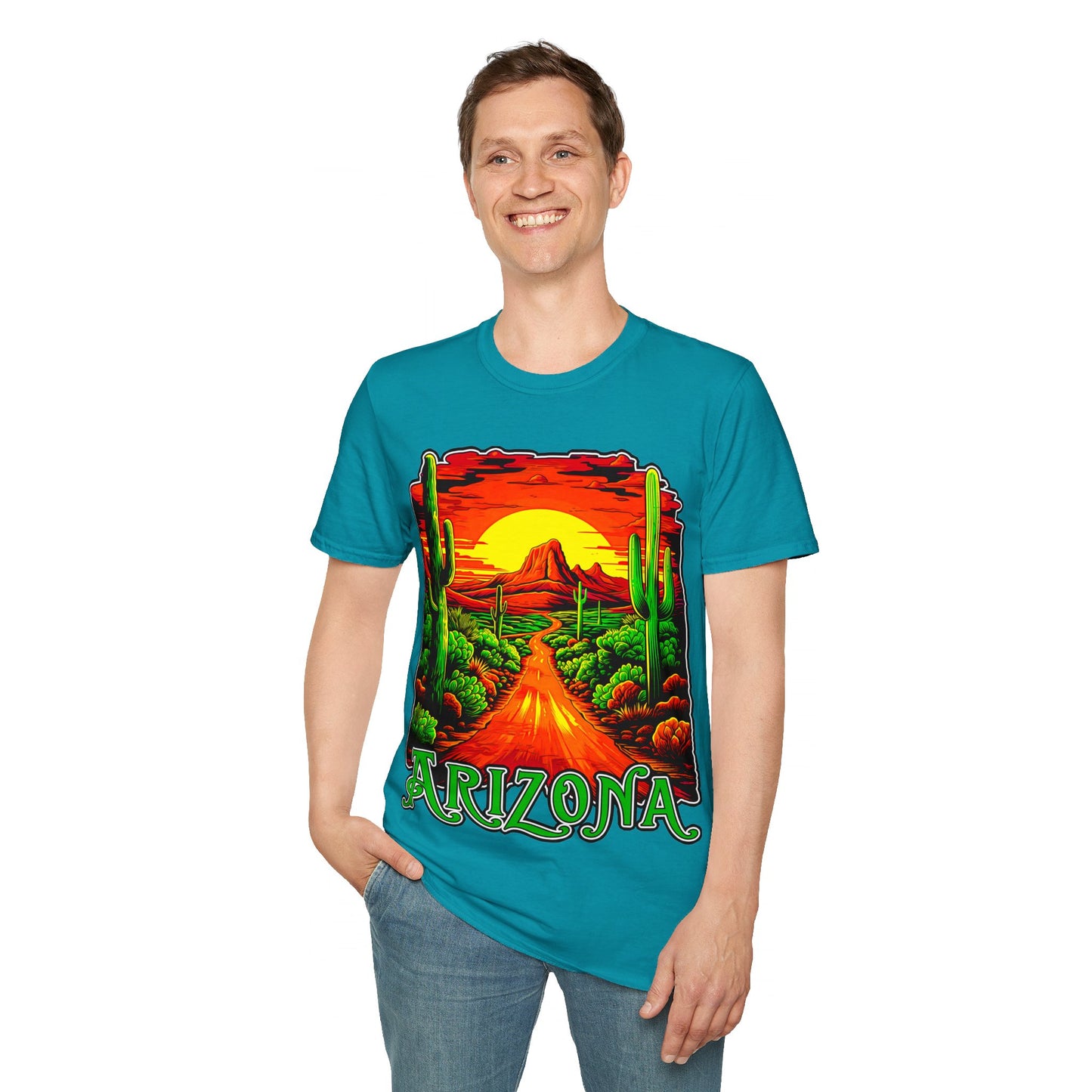 "Red Rock Road - Somewhere, Arizona" Unisex Softstyle T-Shirt from Adobe Dregs Coffee Stash™