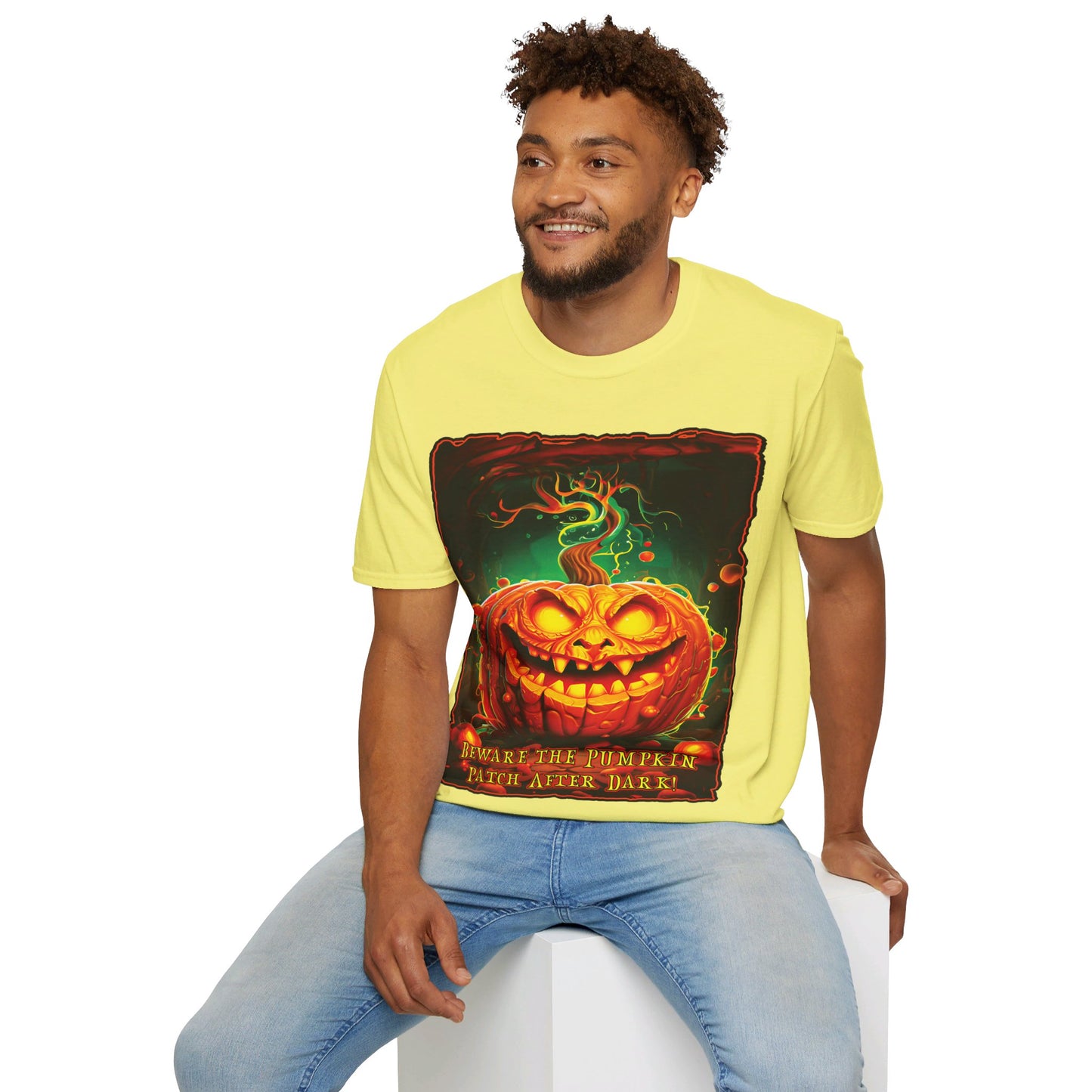 "Beware the Pumpkin Patch..." Unisex Softstyle T-Shirt from Adobe Dregs Coffee Stash™