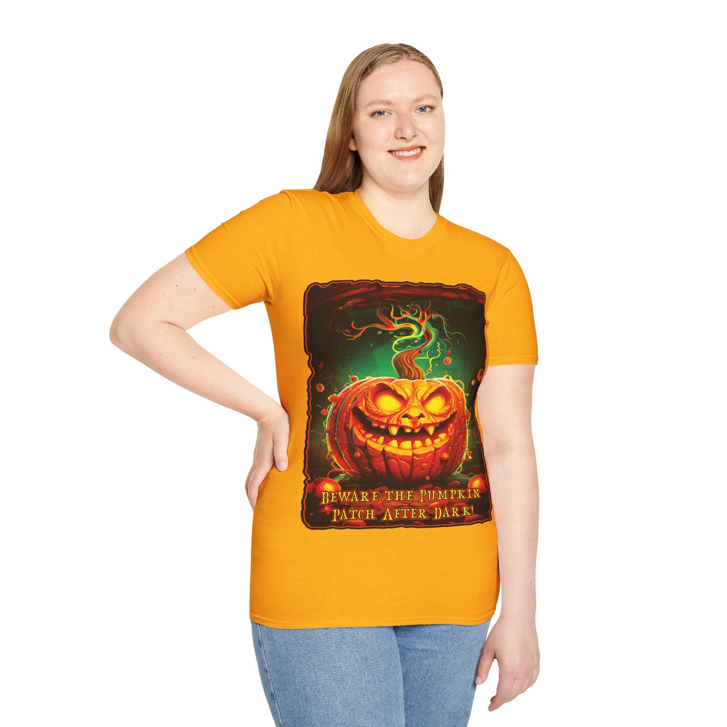 "Beware the Pumpkin Patch..." Unisex Softstyle T-Shirt from Adobe Dregs Coffee Stash™