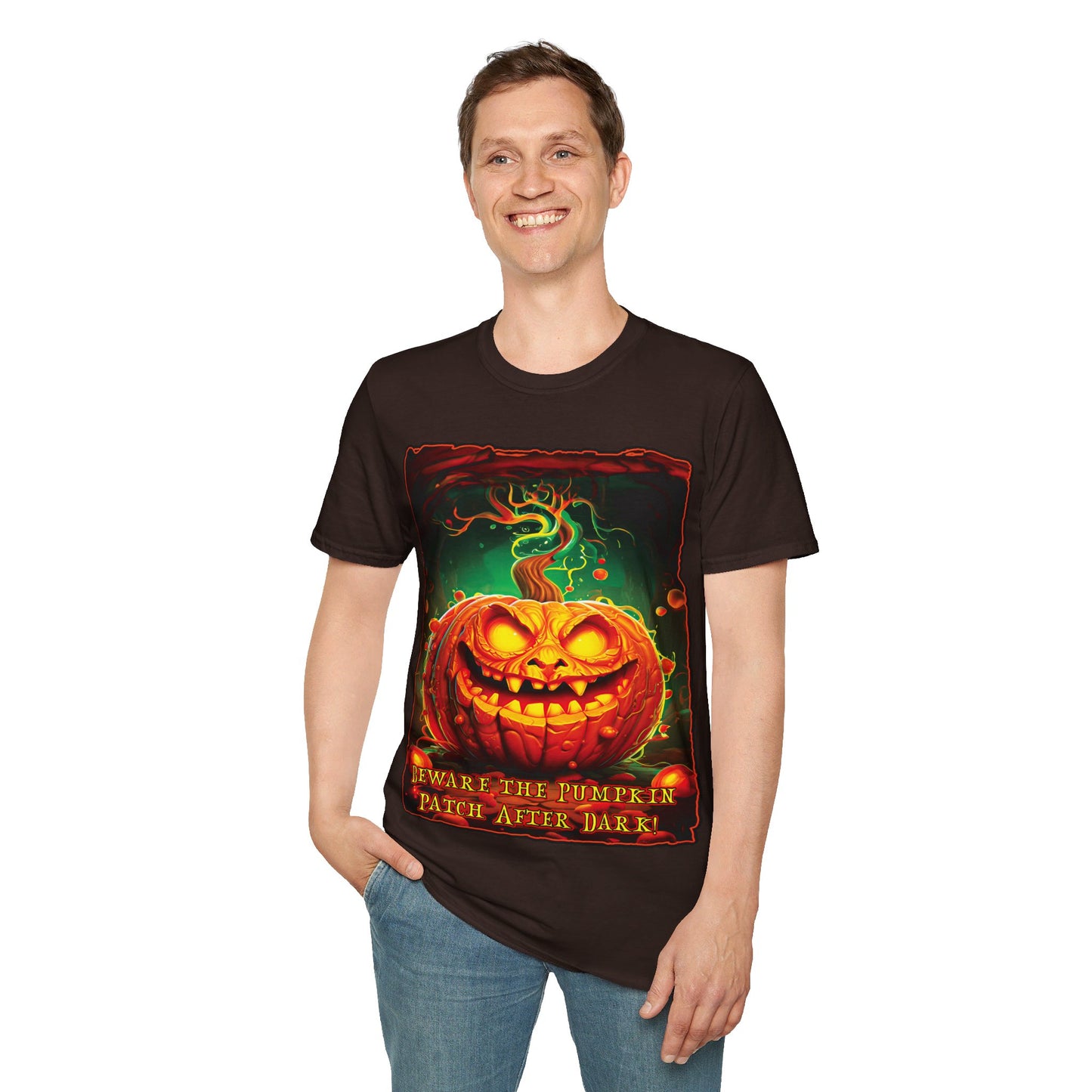 "Beware the Pumpkin Patch..." Unisex Softstyle T-Shirt from Adobe Dregs Coffee Stash™