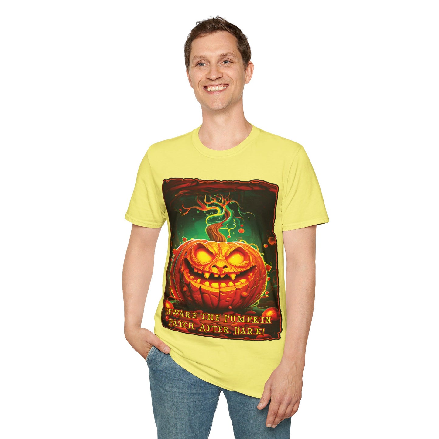 "Beware the Pumpkin Patch..." Unisex Softstyle T-Shirt from Adobe Dregs Coffee Stash™