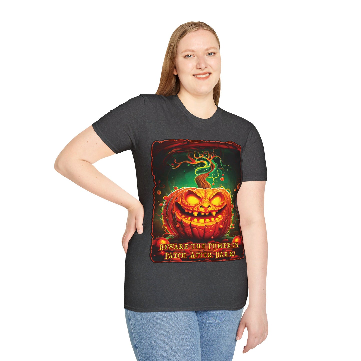 "Beware the Pumpkin Patch..." Unisex Softstyle T-Shirt from Adobe Dregs Coffee Stash™