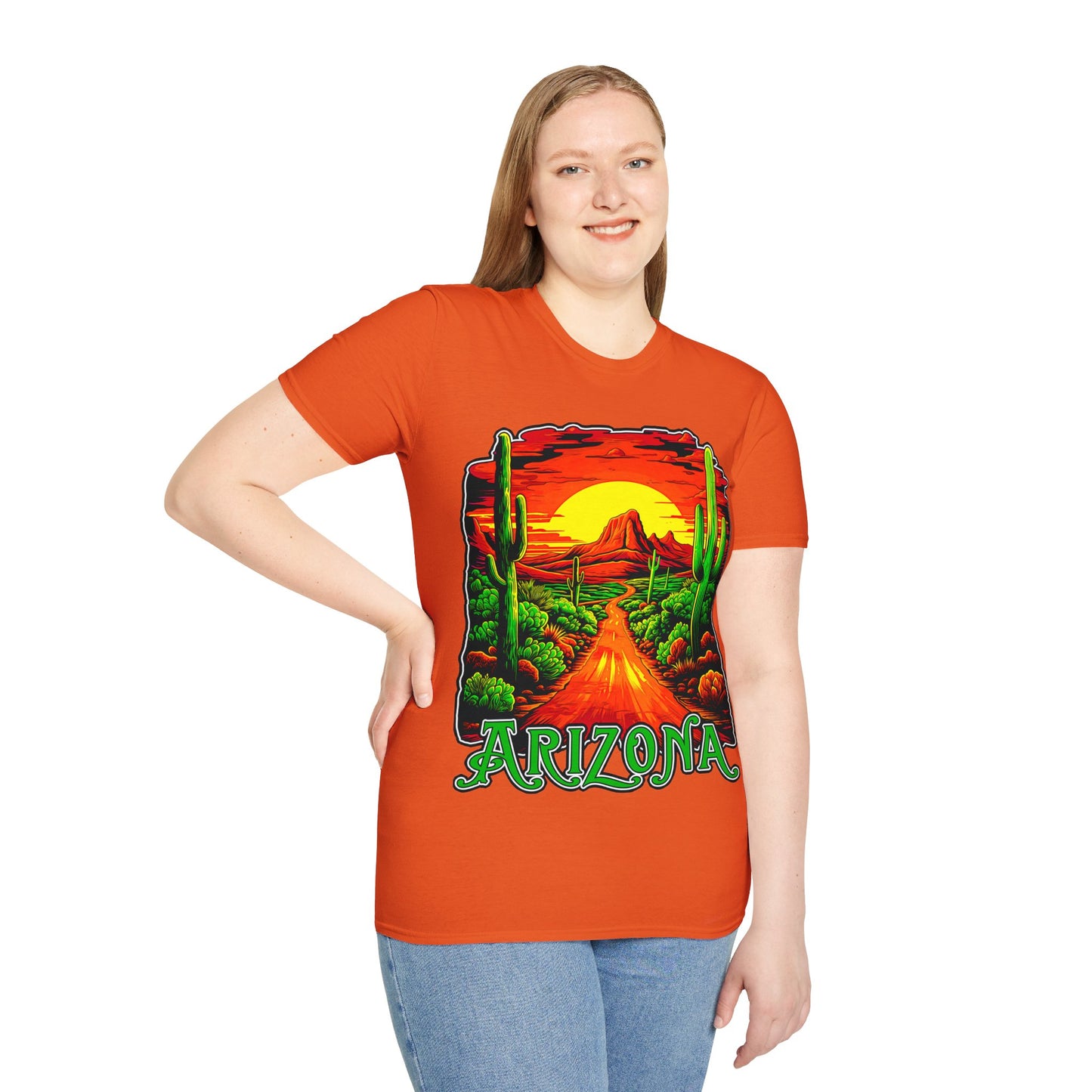 "Red Rock Road - Somewhere, Arizona" Unisex Softstyle T-Shirt from Adobe Dregs Coffee Stash™