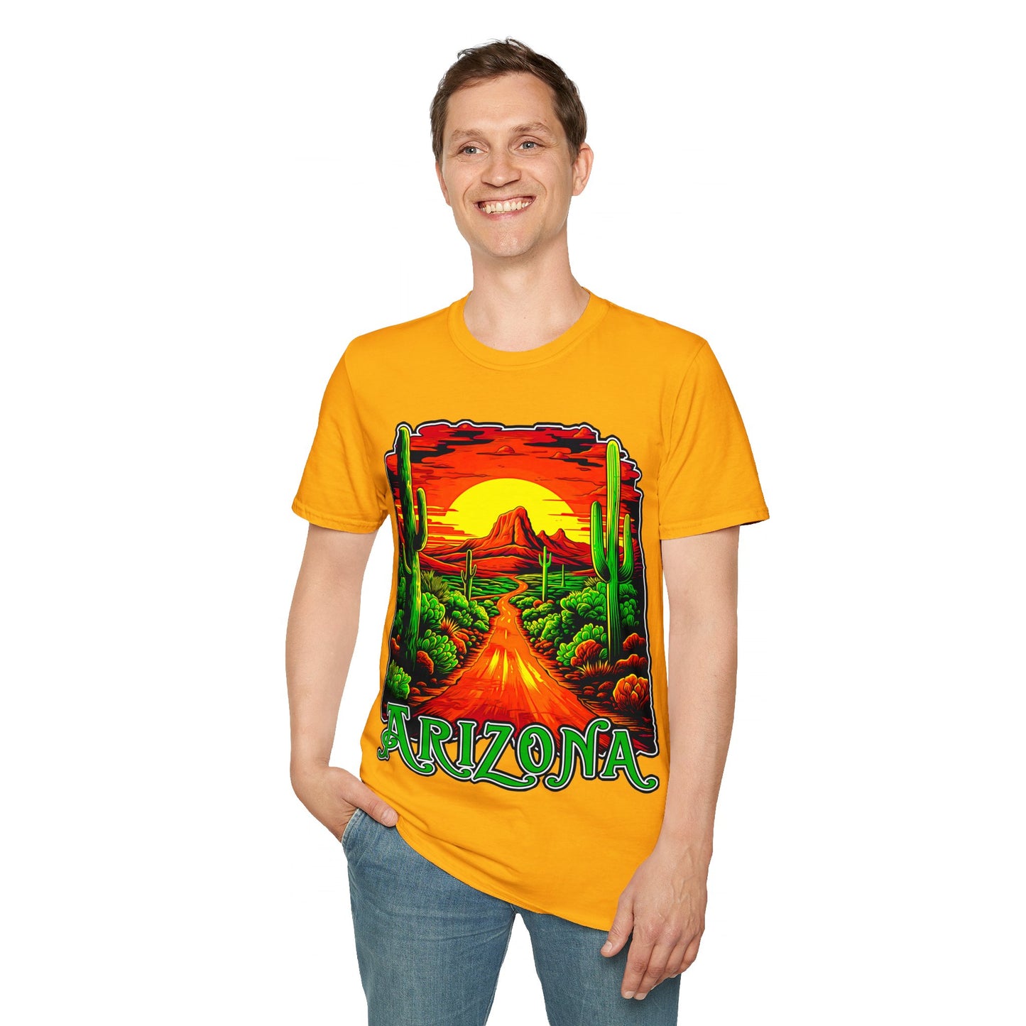 "Red Rock Road - Somewhere, Arizona" Unisex Softstyle T-Shirt from Adobe Dregs Coffee Stash™