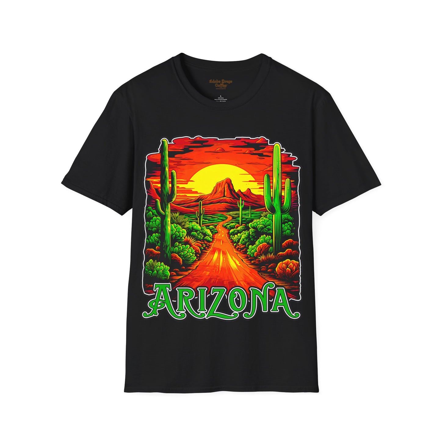 "Red Rock Road - Somewhere, Arizona" Unisex Softstyle T-Shirt from Adobe Dregs Coffee Stash™