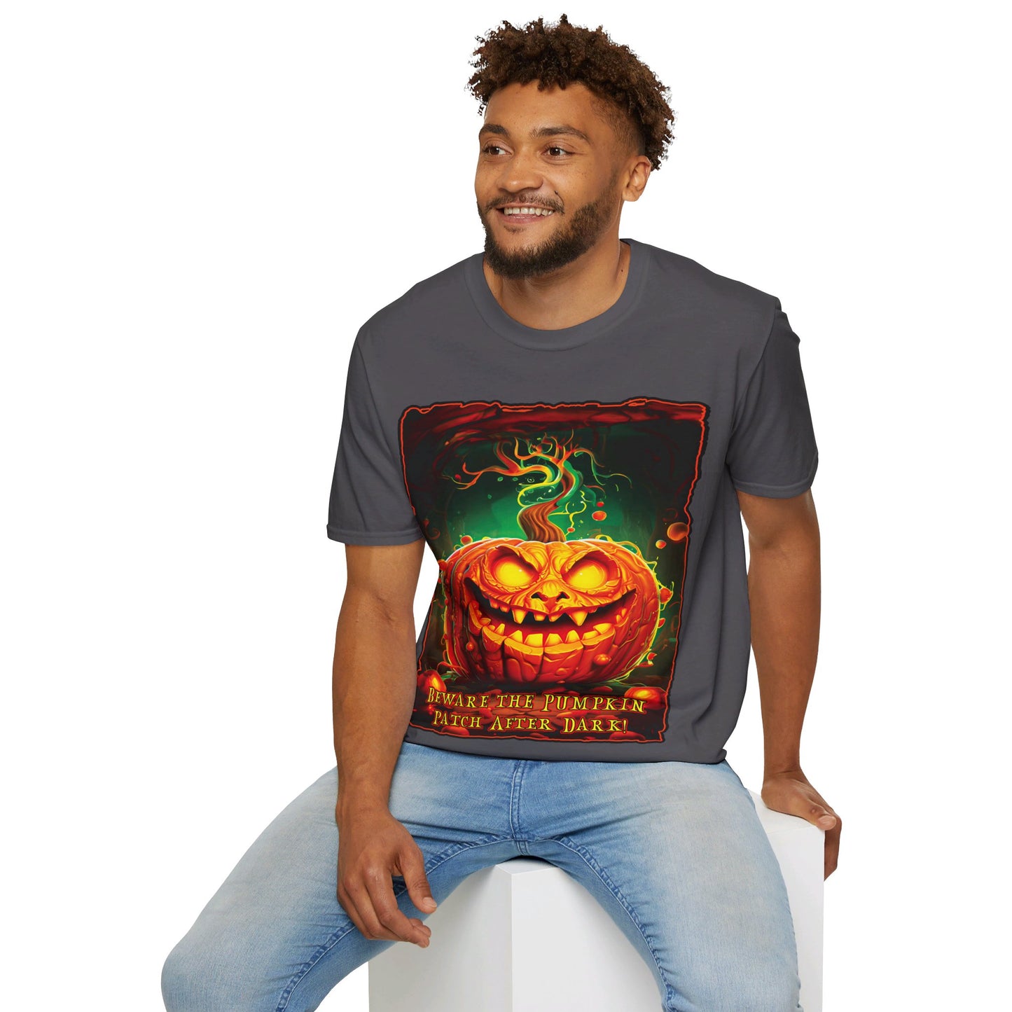 "Beware the Pumpkin Patch..." Unisex Softstyle T-Shirt from Adobe Dregs Coffee Stash™