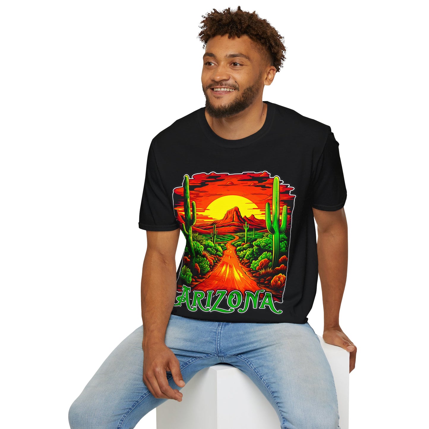 "Red Rock Road - Somewhere, Arizona" Unisex Softstyle T-Shirt from Adobe Dregs Coffee Stash™